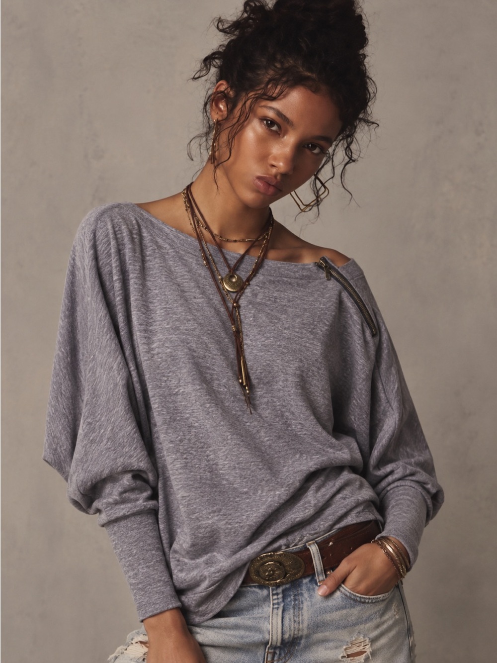 Free People We The Free Nikala Gray Off Shoulder Zip Dolman Slouchy Top XS Boho